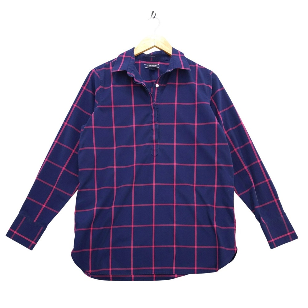 Lands‎ End Tunic Shirt Size 8 No Iron Supima Cotton Blue Pink Plaid